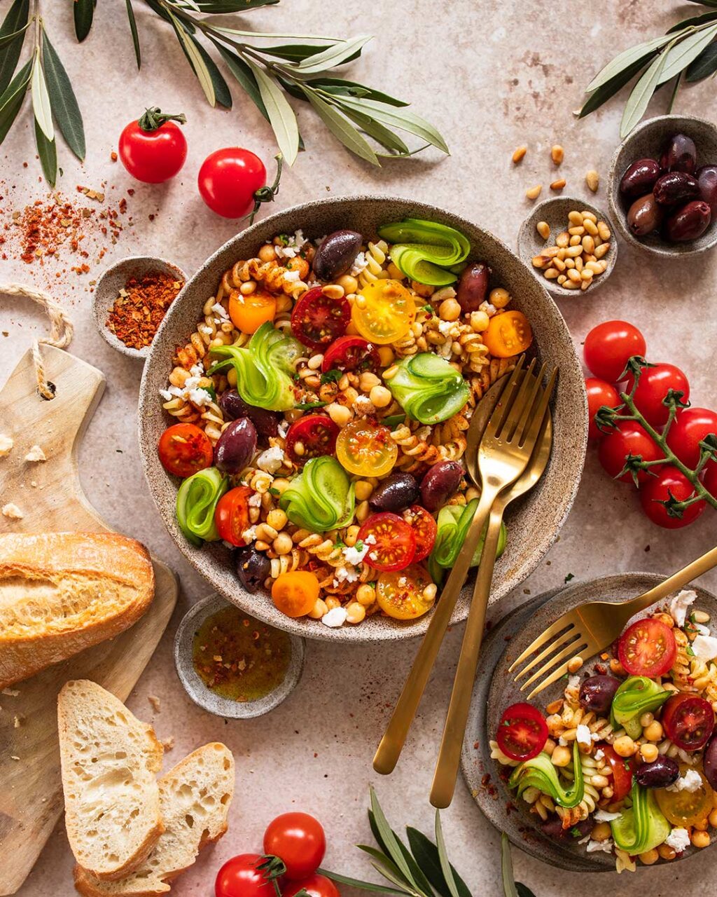 Das Foto zeigt einen mediterranen Pasta-Salat, verfeinert mit "Food Finisher Mediterran", neben frischen Zutaten und einem Stück Brot nach Rezept.