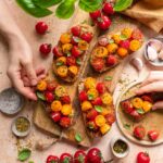 Das Foto zeigt rustikale Tomatenbruschettas, verfeinert mit "Food Finisher Tomaten Zauber" und frischem Basilikum, angerichtet auf einem Holzbrett nach Rezept.