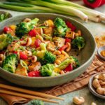 Das Foto zeigt ein farbenfrohes Gericht aus gebratenen Cashewnüssen mit Tofu und Gemüse nach Finisher-Rezept von Luis Dias