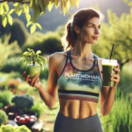 Sportliche Frau hält einen grünen Smoothie und einen Apfel im Freien. Sie hat ein Top mit PlantPower-NoLimits PlantWoman Logo