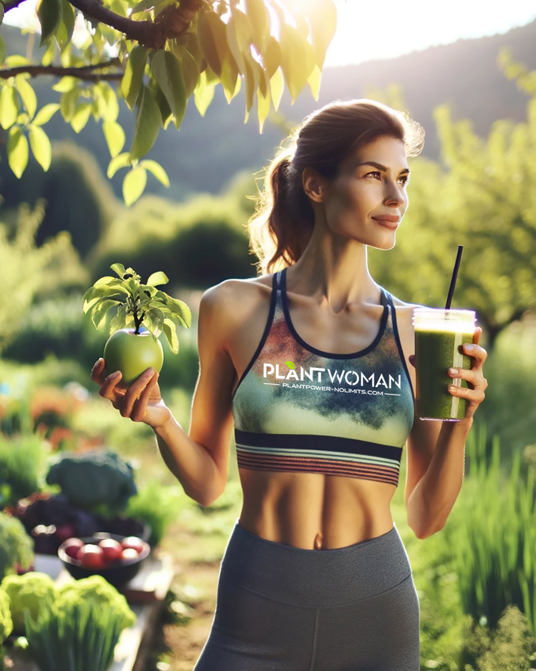 Sportliche Frau hält einen grünen Smoothie und einen Apfel im Freien. Sie hat ein Top mit PlantPower-NoLimits PlantWoman Logo