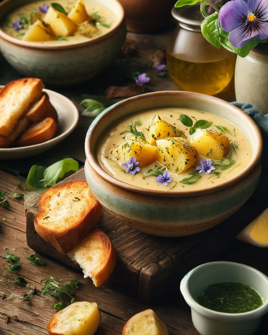 Das Foto zeigt ein rustikales und gemütliches Setting mit zwei Schalen cremiger Kartoffelsuppe, garniert mit frischen Kräutern und essbaren Blüten. Die Suppe ist glatt und cremig, mit großen Kartoffelstücken. Die Schalen stehen auf einem verwitterten Holztisch, umgeben von geröstetem Brot und Zitronenscheiben.