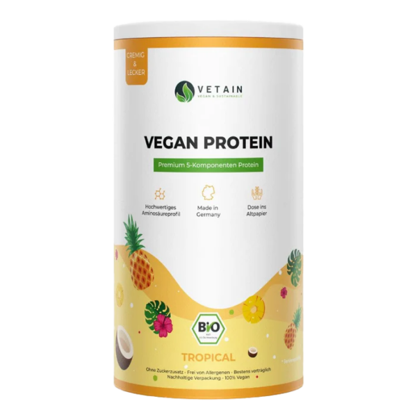 Das Foto zeigt eine Dose Vegan Protein Tropical von Vetain.de, hergestellt aus 100% natürlichen Bio-Zutaten, inklusive Ananas- und Kokosnussgeschmack.