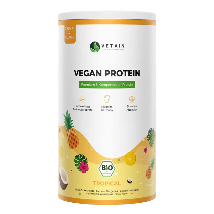 Das Foto zeigt eine Dose Vegan Protein Tropical von Vetain.de, hergestellt aus 100% natürlichen Bio-Zutaten, inklusive Ananas- und Kokosnussgeschmack.