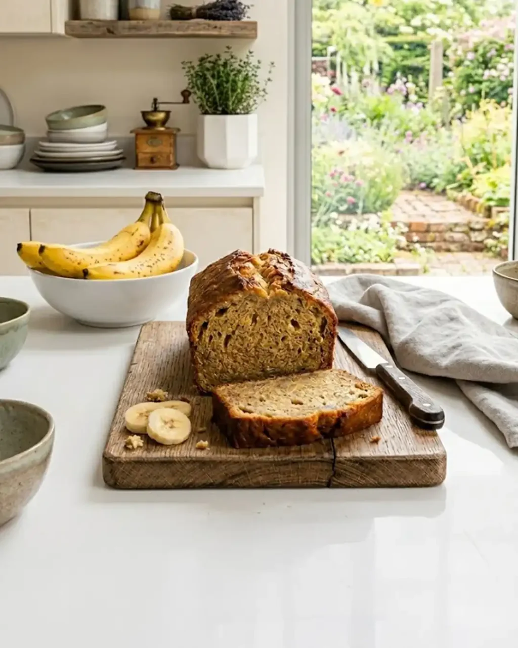 Professionelles Food-Foto: Ein frisch gebackenes, angeschnittenes Bananenbrot auf einem rustikalen Holzbrett in einer hellen, freundlichen Küche. Neben dem Brot liegen Bananenscheiben, im Hintergrund eine Schüssel mit reifen Bananen und Küchenutensilien, natürliches Tageslicht.