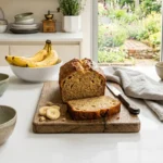 Professionelles Food-Foto: Ein frisch gebackenes, angeschnittenes Bananenbrot auf einem rustikalen Holzbrett in einer hellen, freundlichen Küche. Neben dem Brot liegen Bananenscheiben, im Hintergrund eine Schüssel mit reifen Bananen und Küchenutensilien, natürliches Tageslicht.
