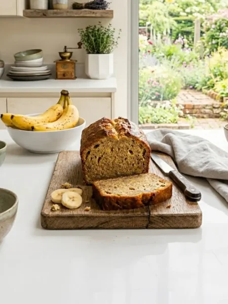 Professionelles Food-Foto: Ein frisch gebackenes, angeschnittenes Bananenbrot auf einem rustikalen Holzbrett in einer hellen, freundlichen Küche. Neben dem Brot liegen Bananenscheiben, im Hintergrund eine Schüssel mit reifen Bananen und Küchenutensilien, natürliches Tageslicht.