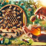 Das Foto zeigt ein Bild von Bienen in einem Bienenstock mit Wabenstrukturen, umgeben von einer üppigen natürlichen Umgebung. Eine Hand hält ein Glas Honig, während eine Biene darüber schwebt.