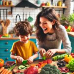 Ein fröhliches Küchenszenario, in dem ein Elternteil und ein Kind Gemüse in lustige Formen wie Sterne, Herzen und Tiere schneiden. Das Schneidebrett ist bunt und voller verschieden geformter Gemüse.