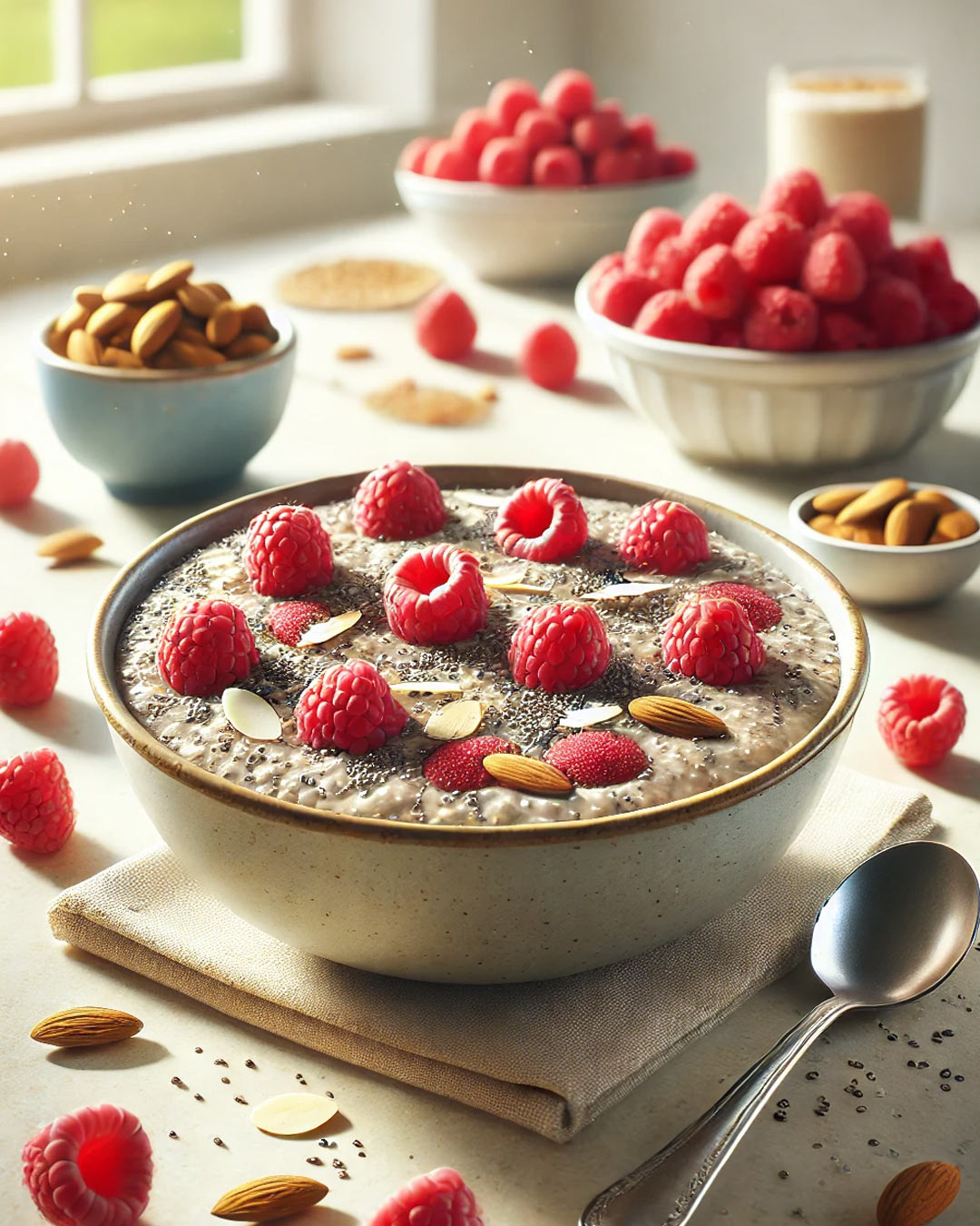 Das Bild zeigt ein Protein Porridges, garniert mit frischen Himbeeren, gehackten Mandeln und Chiasamen. Der Porridge ist in einer Schüssel angerichtet, die auf einem hellen Tisch steht, umgeben von verstreuten Himbeeren, Chiasamen und einer Schale mit Mandeln. Im Hintergrund sind Pflanzen und ein Fenster zu sehen, was eine helle und gemütliche Küchenatmosphäre schafft.