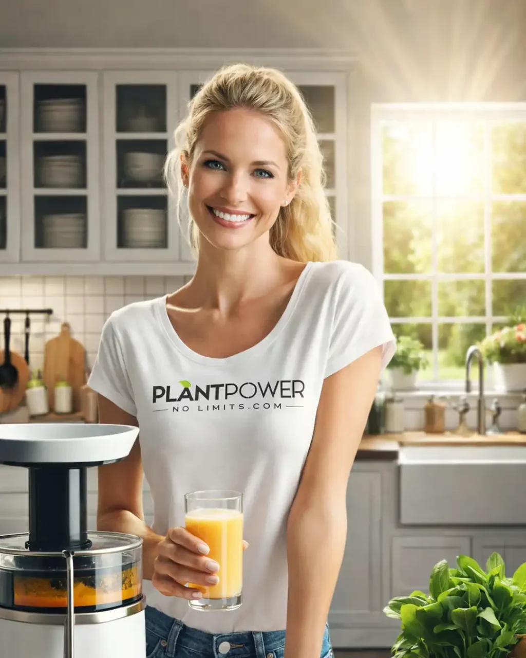 Eine lächelnde Frau in einer modernen, hellen Küche, die ein Glas frisch gepressten Saft in der Hand hält. Sie trägt ein weißes T-Shirt mit dem Aufdruck „Plant Power – No Limits.com“, während neben ihr ein Slow Juicer steht, umgeben von frischem Obst und Gemüse.