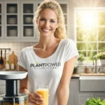 Eine lächelnde Frau in einer modernen, hellen Küche, die ein Glas frisch gepressten Saft in der Hand hält. Sie trägt ein weißes T-Shirt mit dem Aufdruck „Plant Power – No Limits.com“, während neben ihr ein Slow Juicer steht, umgeben von frischem Obst und Gemüse.