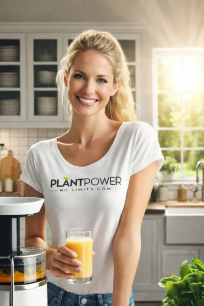 Eine lächelnde Frau in einer modernen, hellen Küche, die ein Glas frisch gepressten Saft in der Hand hält. Sie trägt ein weißes T-Shirt mit dem Aufdruck „Plant Power – No Limits.com“, während neben ihr ein Slow Juicer steht, umgeben von frischem Obst und Gemüse.