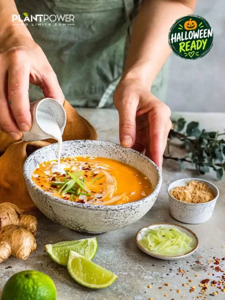 Halloween-Rezept: Kokosmilch wird in asiatische Kürbissuppe gegossen, daneben liegen Ingwer und Limetten.
