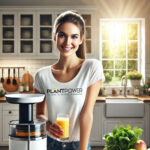 Eine lächelnde Frau in einer modernen, hellen Küche, die ein Glas frisch gepressten Saft in der Hand hält. Sie trägt ein weißes T-Shirt mit dem Aufdruck „Plant Power – No Limits.com“, während neben ihr ein Slow Juicer steht, umgeben von frischem Obst und Gemüse.