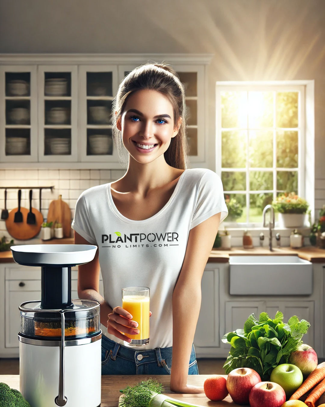 Eine lächelnde Frau in einer modernen, hellen Küche, die ein Glas frisch gepressten Saft in der Hand hält. Sie trägt ein weißes T-Shirt mit dem Aufdruck „Plant Power – No Limits.com“, während neben ihr ein Slow Juicer steht, umgeben von frischem Obst und Gemüse.