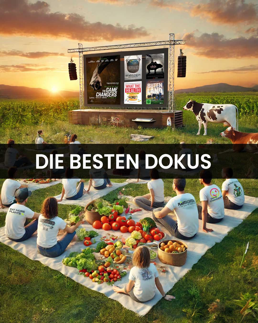 Menschen sitzen auf einer Wiese und schauen auf eine große Leinwand, auf der Dokumentarfilme zum Thema Ernährung und Umwelt gezeigt werden. Vor ihnen liegt ein Picknick aus frischen Gemüsearten wie Tomaten, Paprika, Brokkoli und Kartoffeln. Eine Kuh steht am Rande der Szene.