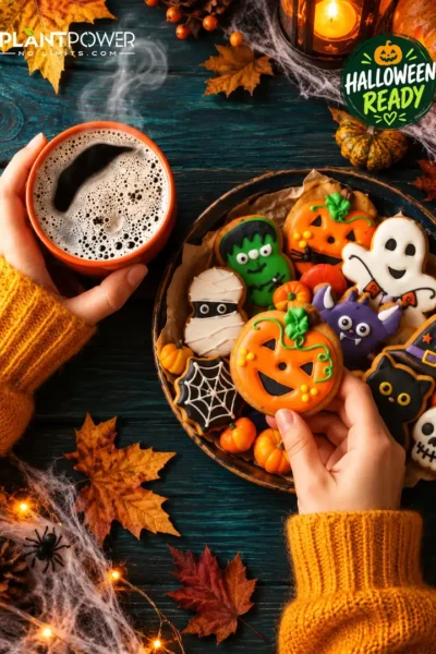Halloween-Grafik mit Kürbiskeksen, Geistergebäck und Kaffee sowie dem Spruch „Halloween darf auch lecker sein“.