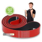 Das Foto zeigt einen Mann, der das Deuserband Original für ein Krafttraining verwendet. Im Vordergrund ist das gerollte, rote Fitnessband mit der Aufschrift „Made in Germany“ zu sehen.