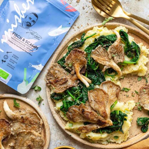 Knoblauch-Kartoffelpüree mit Spinat & gegrillten Austernpilzen