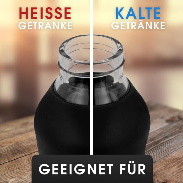 Das Bild zeigt die VIA FORTIS Glasflasche, aufgeteilt in zwei Hälften, geeignet für heiße und kalte Getränke.