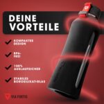 Die VIA FORTIS Glasflasche in Schwarz wird hervorgehoben, um die Vorteile wie kompaktes Design, BPA-Freiheit und Stabilität zu zeigen.