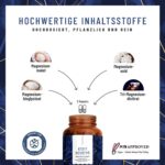 Das Foto zeigt die Inhaltsstoffe des Kraftreserve Magnesium-Komplexes mit vier Magnesiumformen: Magnesiumbisglycinat, Magnesiummalat, Magnesiumoxid und Trimagnesiumdicitrat.