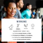 Das Foto zeigt eine sportliche Frau, begleitet von Symbolen, die die positiven Effekte von Magnesium auf Knochen, Muskeln, Müdigkeit und Psyche illustrieren.