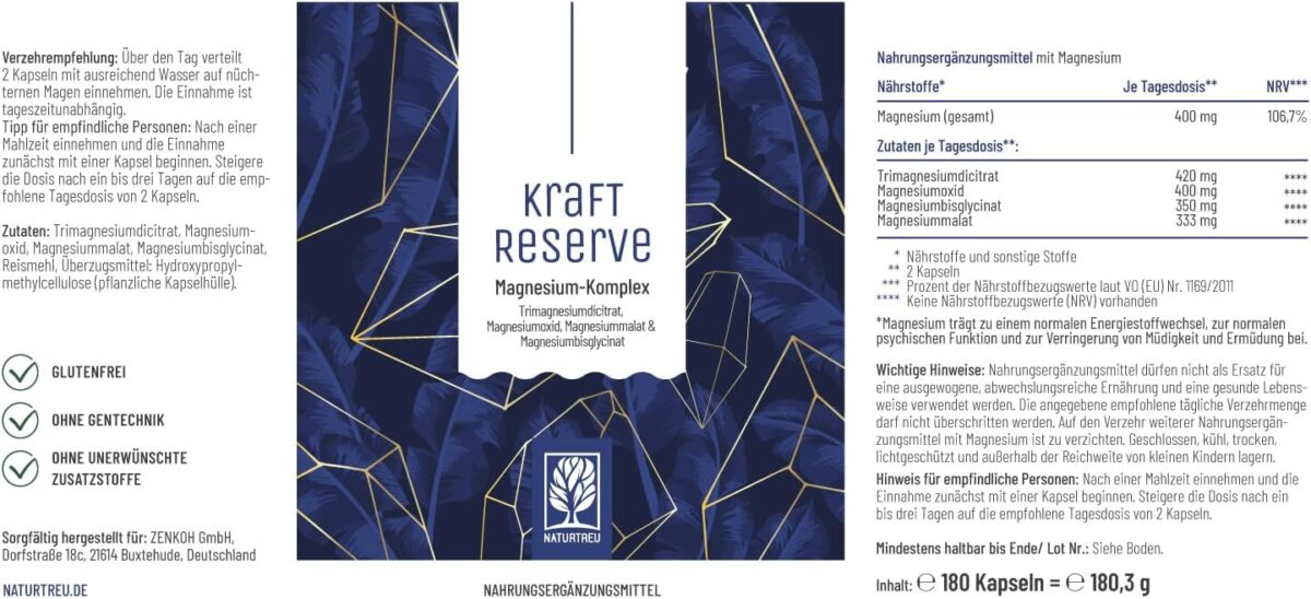 Das Foto zeigt die Nährwerttabelle und Inhaltsstoffe des Kraftreserve Magnesium-Komplexes mit 400 mg Magnesium pro Tagesdosis.