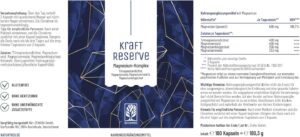 Das Foto zeigt die Nährwerttabelle und Inhaltsstoffe des Kraftreserve Magnesium-Komplexes mit 400 mg Magnesium pro Tagesdosis.