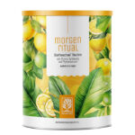 Verpackung des Morgenritual Stoffwechseldrinks mit Zitrone, Apfelessig und Phytoessenzen, natürlich und vegan.