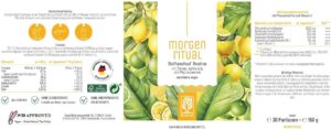 Produktetikett des Morgenritual Stoffwechseldrinks mit Nährwertangaben, Zutaten und Verzehrempfehlung.