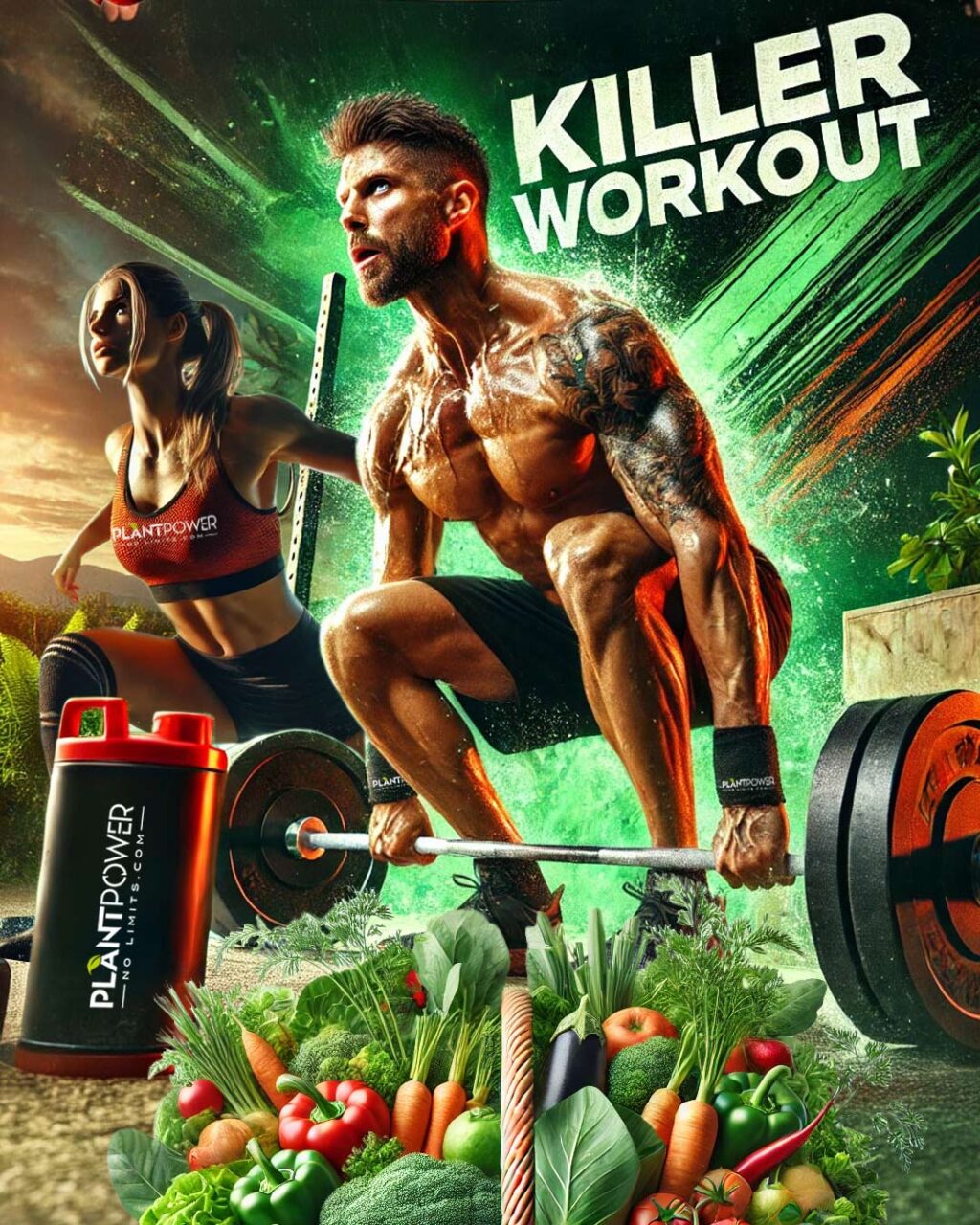 Ein muskulöser Mann und eine sportliche Frau bei einem intensiven Workout mit Hanteln, umgeben von einem lebendigen grünen Hintergrund und einem Korb voller frischer Gemüse. Im Vordergrund steht ein Shaker mit der Aufschrift und Logo „Plant Power – No Limits“.