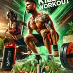 Ein muskulöser Mann und eine sportliche Frau bei einem intensiven Workout mit Hanteln, umgeben von einem lebendigen grünen Hintergrund und einem Korb voller frischer Gemüse. Im Vordergrund steht ein Shaker mit der Aufschrift und Logo „Plant Power – No Limits“.