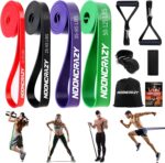 Das Foto zeigt ein komplettes Resistance Bands Set mit 4 Fitnessbändern in unterschiedlichen Farben und Widerstandsstufen, Handgriffen, Türanker und einer Tragetasche.