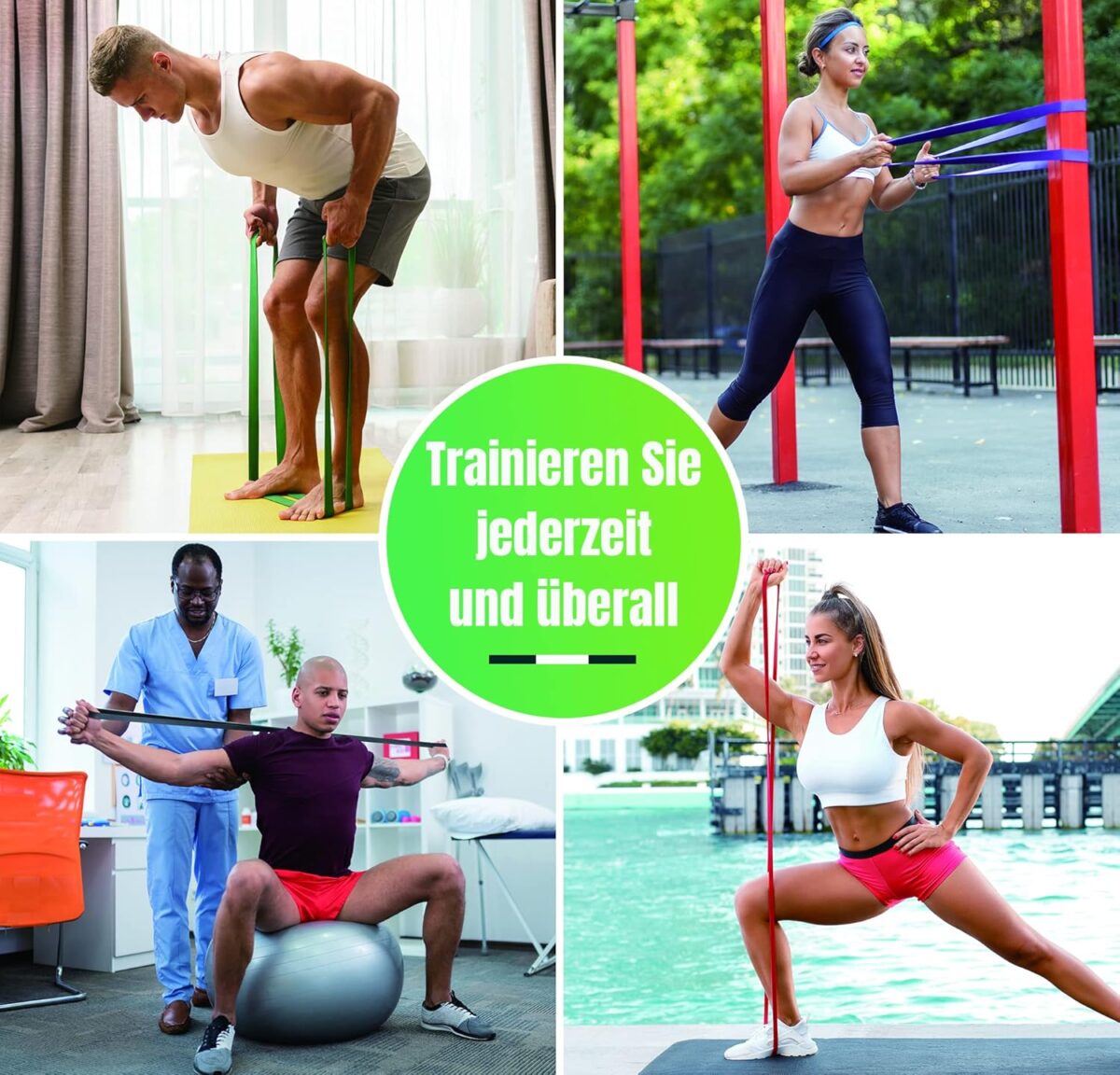 Das Foto zeigt vier Personen, die die Resistance Bands in verschiedenen Umgebungen wie zu Hause, im Freien, im Fitnessstudio und für physiotherapeutische Übungen verwenden.