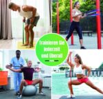 Das Foto zeigt vier Personen, die die Resistance Bands in verschiedenen Umgebungen wie zu Hause, im Freien, im Fitnessstudio und für physiotherapeutische Übungen verwenden.