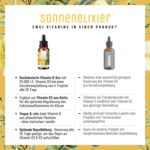 Das Foto zeigt eine Vergleichstabelle zwischen dem Sonnenelixier und herkömmlichen Vitamin D3-Präparaten bezüglich Dosierung, Qualität und Nachhaltigkeit.