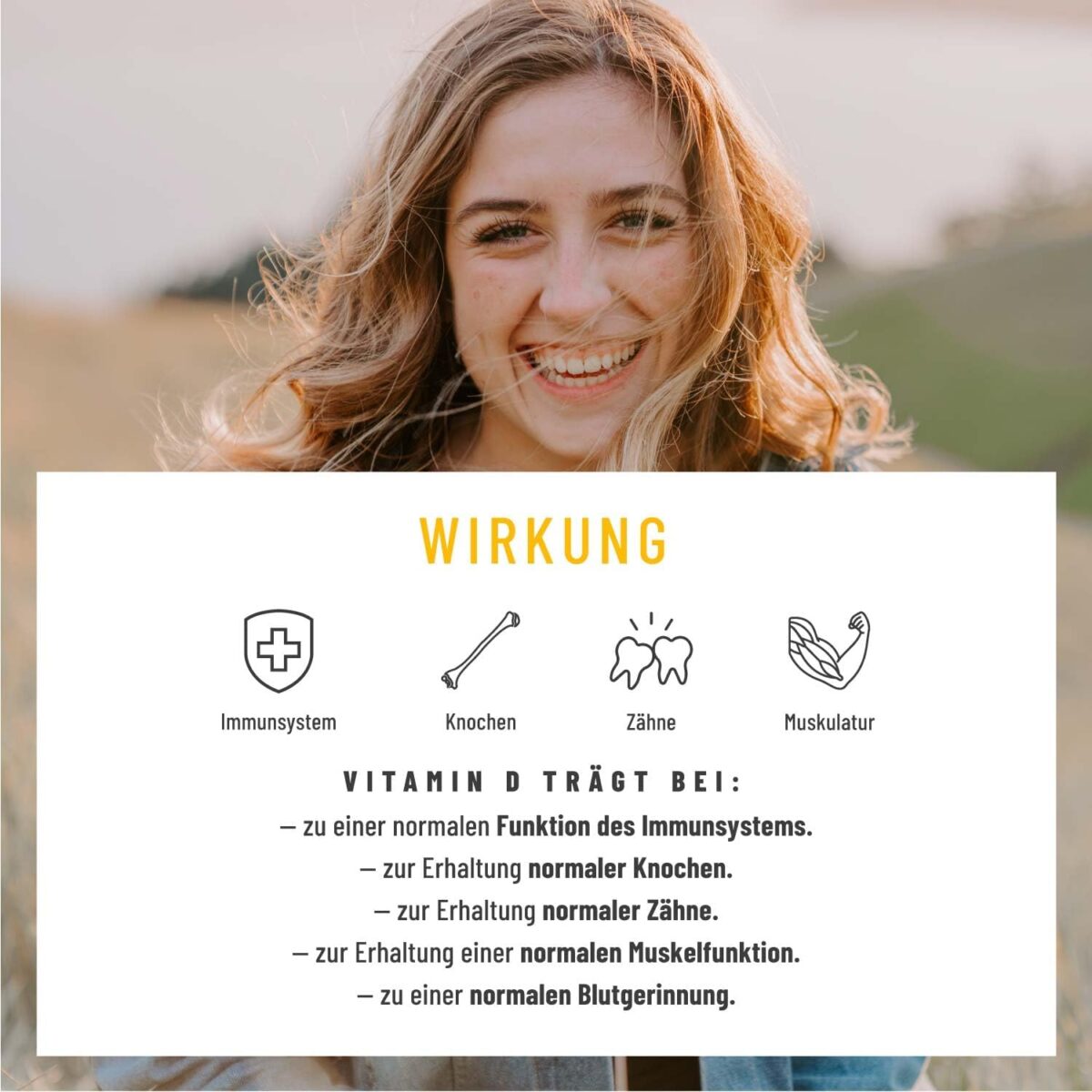 Das Foto zeigt eine fröhliche Frau, begleitet von Symbolen, die die Wirkung von Vitamin D3 und K2 auf Immunsystem, Knochen, Zähne und Muskelfunktion veranschaulichen.