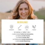 Das Foto zeigt eine fröhliche Frau, begleitet von Symbolen, die die Wirkung von Vitamin D3 und K2 auf Immunsystem, Knochen, Zähne und Muskelfunktion veranschaulichen.