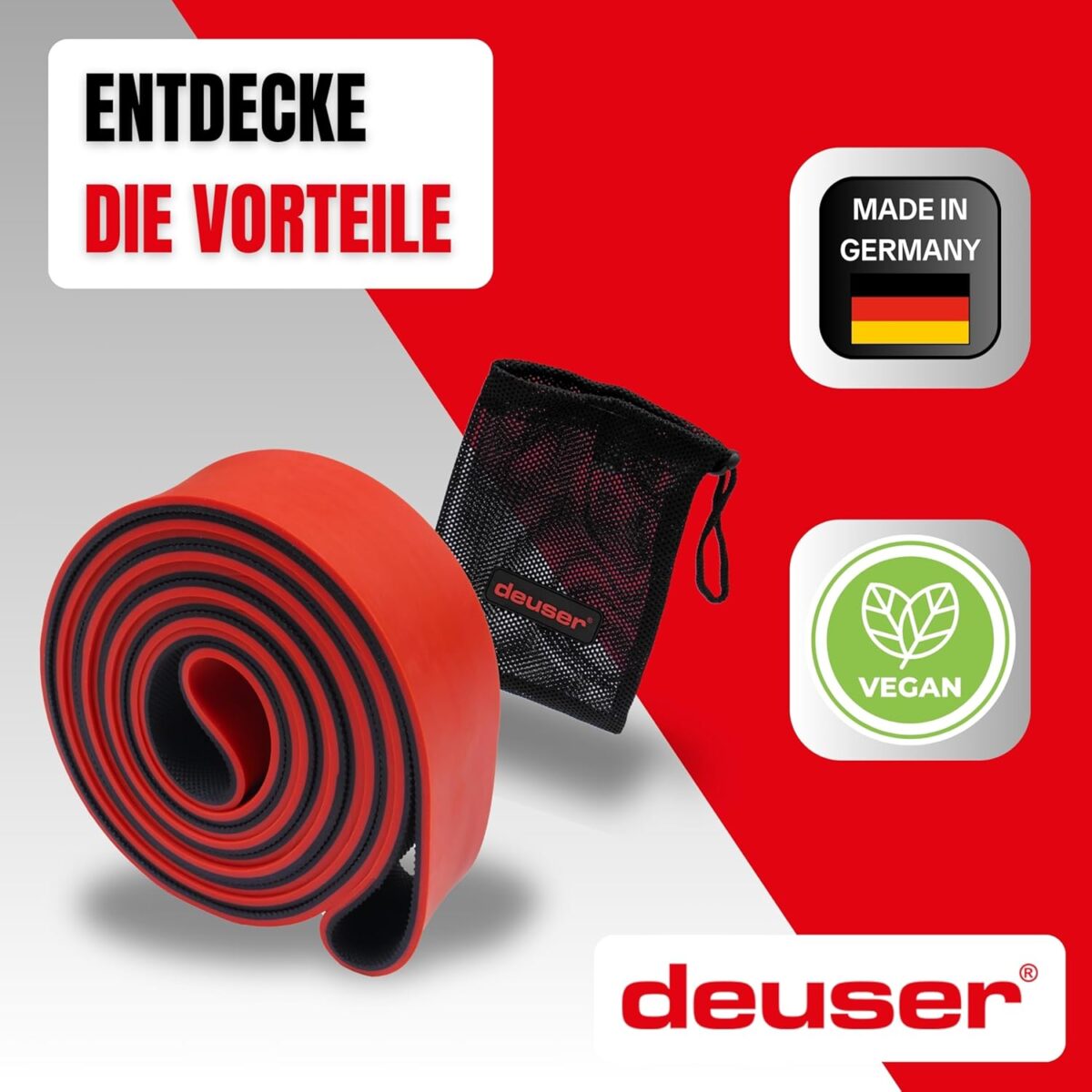 as Foto zeigt das Deuserband mit einer schwarzen Tragetasche, dem Hinweis „Made in Germany“ und dem veganen Siegel als Vorteile des Produkts.