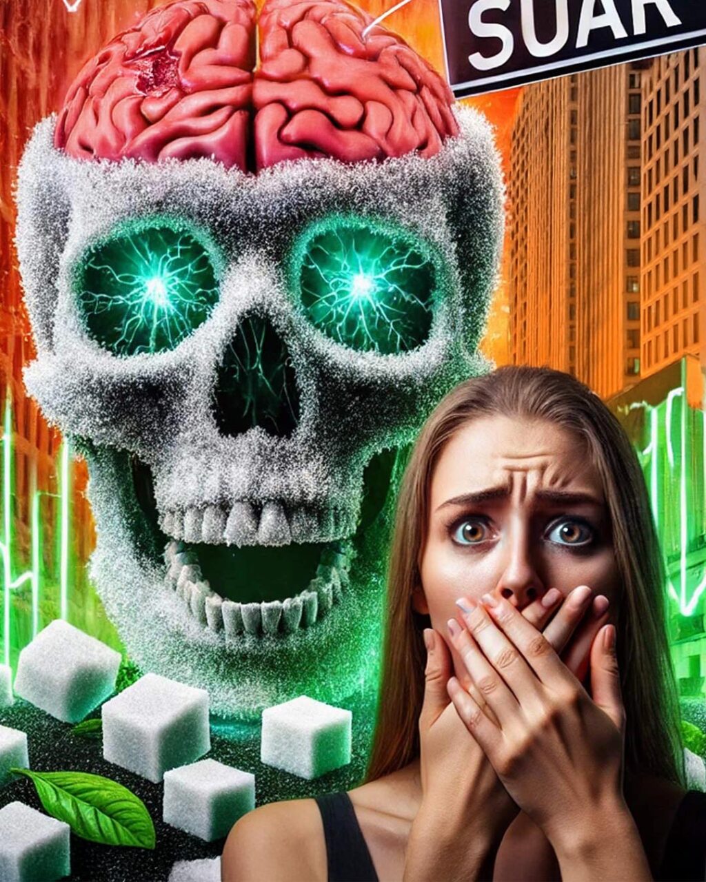 Eine junge Frau mit langen Haaren steht im Vordergrund, hält schockiert ihre Hände vor den Mund und blickt mit weit aufgerissenen Augen auf einen bedrohlichen Schädel, der aus Zuckerwürfeln besteht. Die Augenhöhlen des Schädels leuchten grün mit elektrisierenden Impulsen, die Gehirnaktivität oder neuronale Schäden symbolisieren. Der obere Teil des Schädels besteht aus einem realistischen, roten Gehirn. Im Hintergrund sind hohe Gebäude und eine leuchtende Straßentafel mit der Aufschrift „SUAR ST“ zu sehen, was auf wirtschaftliche Verbindungen zur Zuckerindustrie hindeutet. Zuckerwürfel und grüne Blätter liegen verstreut im Vordergrund.