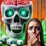 Eine junge Frau mit langen Haaren steht im Vordergrund, hält schockiert ihre Hände vor den Mund und blickt mit weit aufgerissenen Augen auf einen bedrohlichen Schädel, der aus Zuckerwürfeln besteht. Die Augenhöhlen des Schädels leuchten grün mit elektrisierenden Impulsen, die Gehirnaktivität oder neuronale Schäden symbolisieren. Der obere Teil des Schädels besteht aus einem realistischen, roten Gehirn. Im Hintergrund sind hohe Gebäude und eine leuchtende Straßentafel mit der Aufschrift „SUAR ST“ zu sehen, was auf wirtschaftliche Verbindungen zur Zuckerindustrie hindeutet. Zuckerwürfel und grüne Blätter liegen verstreut im Vordergrund.