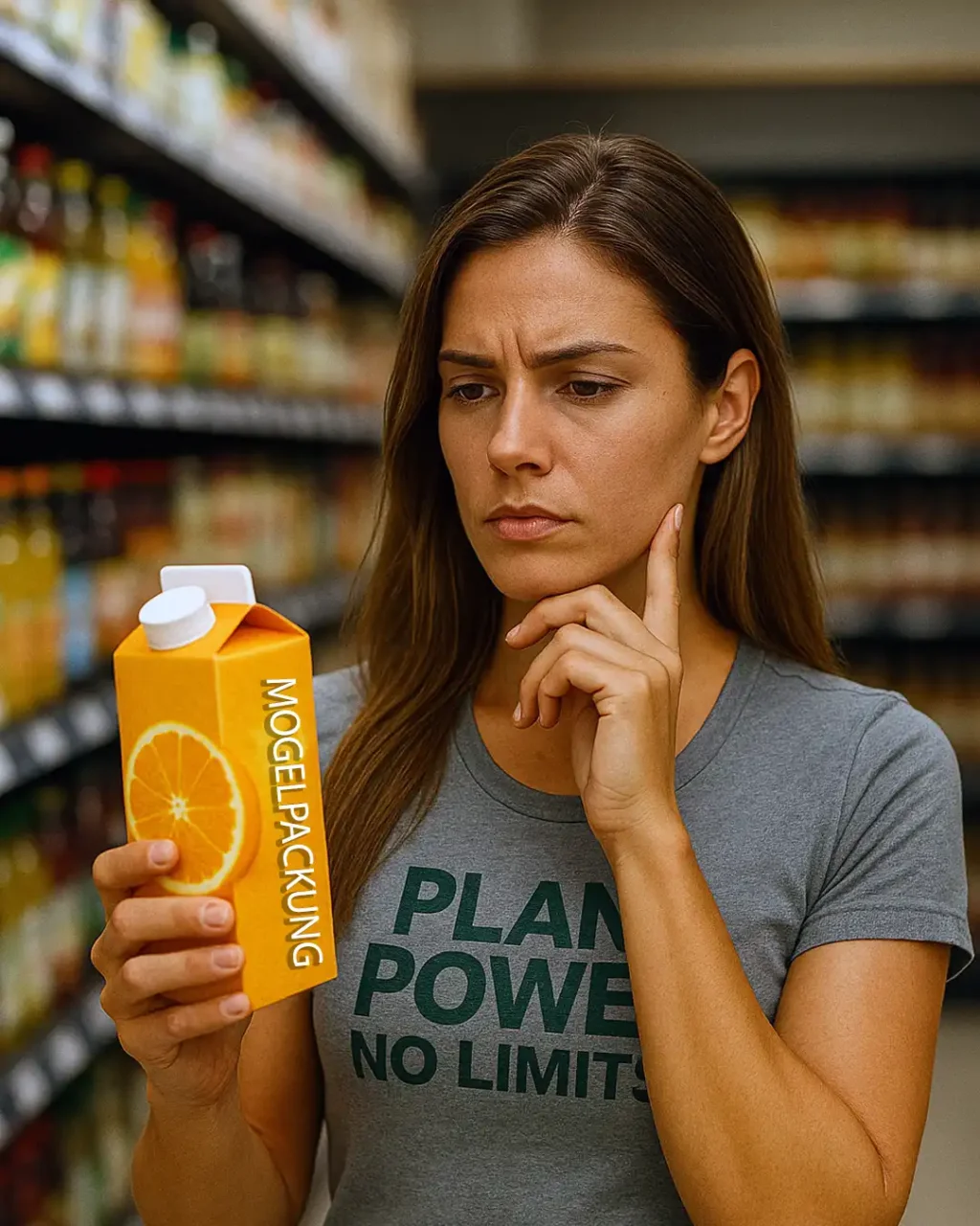 Junge Frau im grauen „Plant Power No Limits“ T-Shirt steht im Supermarkt vor Regalen voller Getränke und hält nachdenklich einen Saftkarton in der Hand.