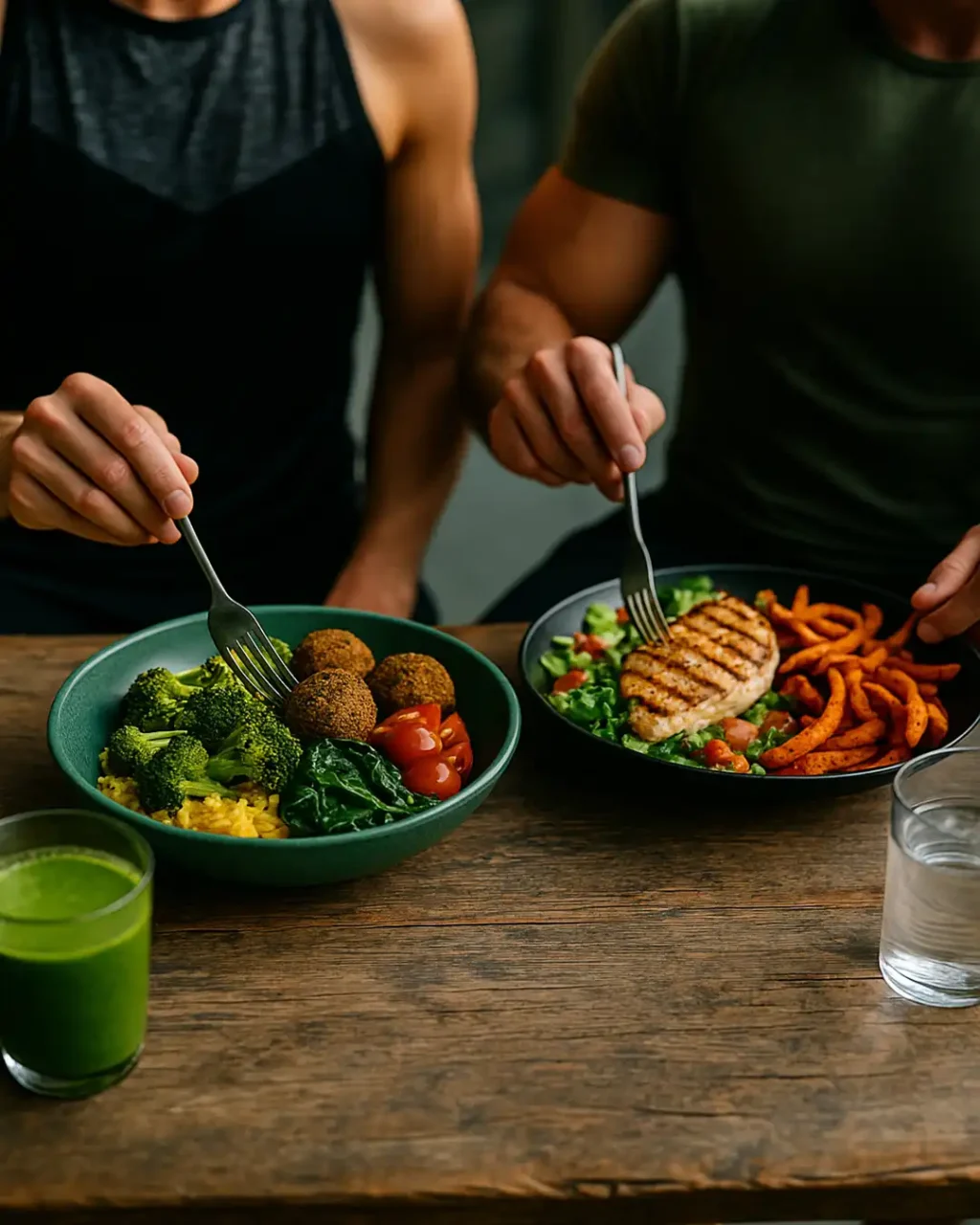 Zwei sportliche Personen in Performance-Shirts essen eine bunte pflanzenbasierte Bowl; daneben eine Bowl mit gegrillter Proteinbeilage.