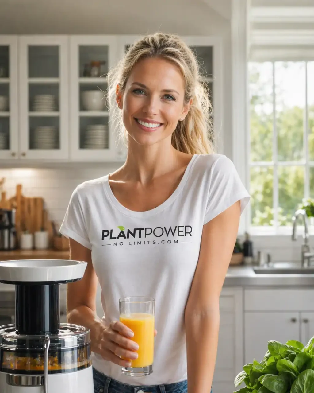 Eine lächelnde Frau in einer modernen, hellen Küche, die ein Glas frisch gepressten Saft in der Hand hält. Sie trägt ein weißes T-Shirt mit dem Aufdruck „Plant Power – No Limits.com“, während neben ihr ein Slow Juicer steht, umgeben von frischem Obst und Gemüse.