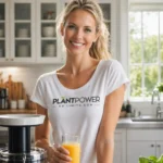 Eine lächelnde Frau in einer modernen, hellen Küche, die ein Glas frisch gepressten Saft in der Hand hält. Sie trägt ein weißes T-Shirt mit dem Aufdruck „Plant Power – No Limits.com“, während neben ihr ein Slow Juicer steht, umgeben von frischem Obst und Gemüse.