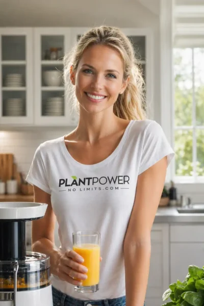 Eine lächelnde Frau in einer modernen, hellen Küche, die ein Glas frisch gepressten Saft in der Hand hält. Sie trägt ein weißes T-Shirt mit dem Aufdruck „Plant Power – No Limits.com“, während neben ihr ein Slow Juicer steht, umgeben von frischem Obst und Gemüse.