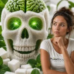 Symbolbild zu Zucker und Gesundheit mit Zuckerschädel, grünem Gehirn, Zuckerwürfeln, Minzblättern und Frau im PlantPower-NoLimits Shirt