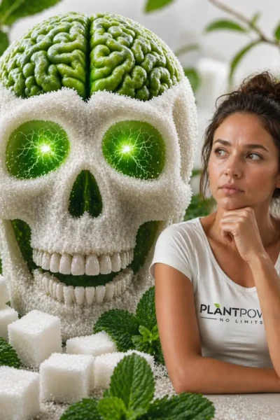 Symbolbild zu Zucker und Gesundheit mit Zuckerschädel, grünem Gehirn, Zuckerwürfeln, Minzblättern und Frau im PlantPower-NoLimits Shirt